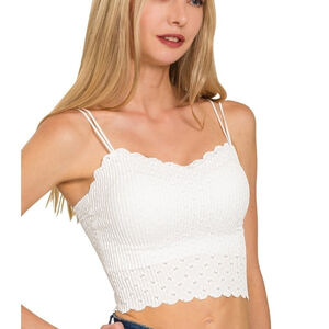 Zenana Seamless Lace Scalloped Crop Top Brami Bra Pads White Small